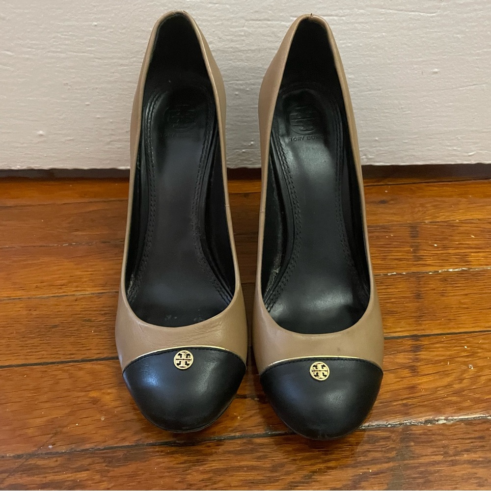 Tory Burch Black and Tan Cap-Toe Heels